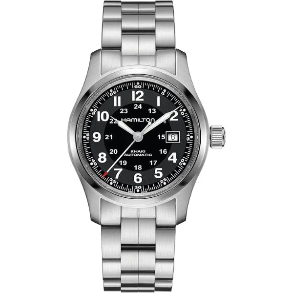 Hamilton Khaki Field Automatic Men's Watch, 42mm Stainless Steel Case, Swiss Made, Black Dial Analog Wrist Watch for Men, 100m Waterproof, Sapphire Crystal, 3-Hand Movement, Stainless Steel Strap