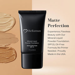 BELLAMUN Mineral Liquid Powder Foundation - SPF 15, Vegan, Cruelty-Free, Medium to Full Coverage, Matte Finish - Free of Talc, Parabens, Gluten - For All Skin Types (Cream Beige, 30ml)