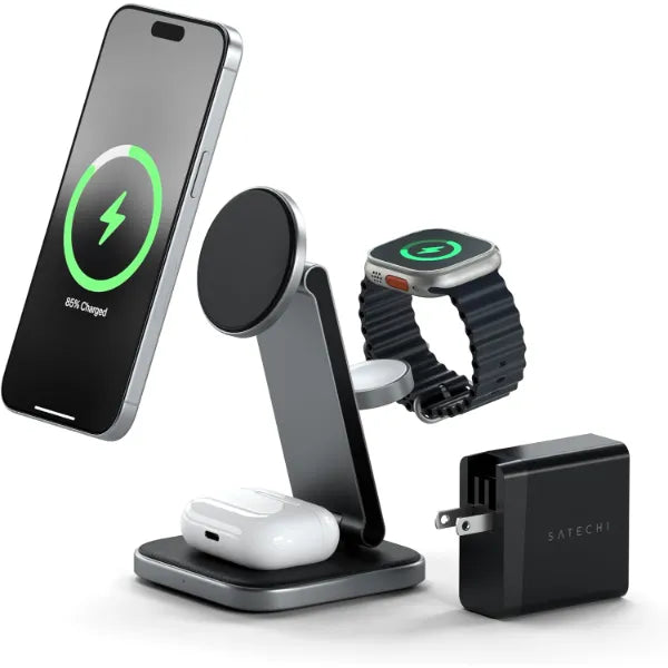 Satechi 3 in 1 Wireless Charging Station for Apple, MagSafe, Qi2 Certified, 15W Magnetic, Foldable Travel Charger Station for iPhone 17 to 12 Series, AirPods Pro/4/3, Apple Watch Series/Ultra/SE