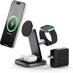 Satechi 3 in 1 Wireless Charging Station for Apple, MagSafe, Qi2 Certified, 15W Magnetic, Foldable Travel Charger Station for iPhone 17 to 12 Series, AirPods Pro/4/3, Apple Watch Series/Ultra/SE