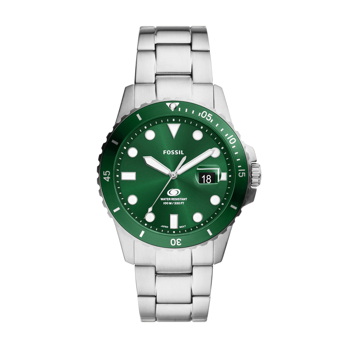 Fossil Men's Blue Quartz Stainless Steel Three-Hand Watch, Color: Silver/Green Taper (Model: FS6033)