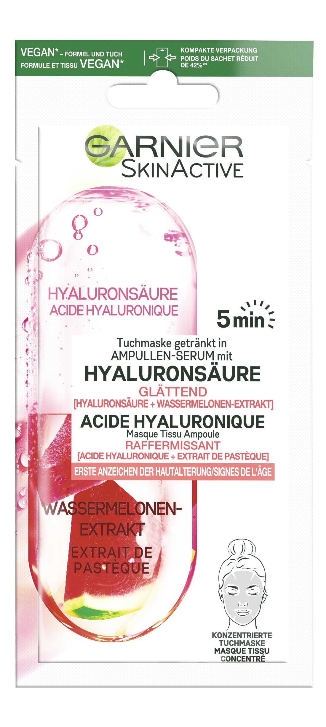 Garnier Cloth Mask, Face Mask for First Signs of Skin Ageing, Smoothing, Drinked in Ampoule Serum, Vegan Formula with Hyaluronic Acid and Watermelon Extract, 15 g