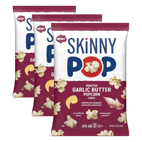SkinnyPop Roasted Garlic Butter Popcorn, Whole Grain Gluten-Free Snack, 4.4 oz Bag (Pack of 3)