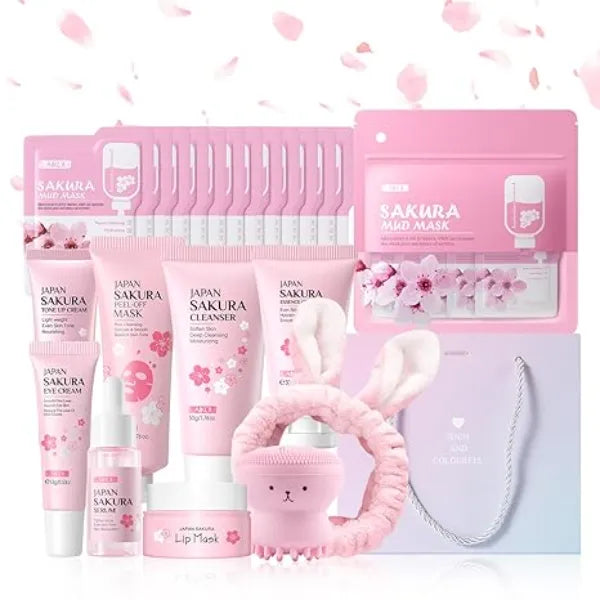 LAIKOU Sakura Skincare Set for Teen Girls, Complete 34PCS Face Care Kit, Christmas Pamper Gift Set for Women & Teenage Girls, Hydrating & Nourishing Travel Friendly Daily Facial Skincare Routine