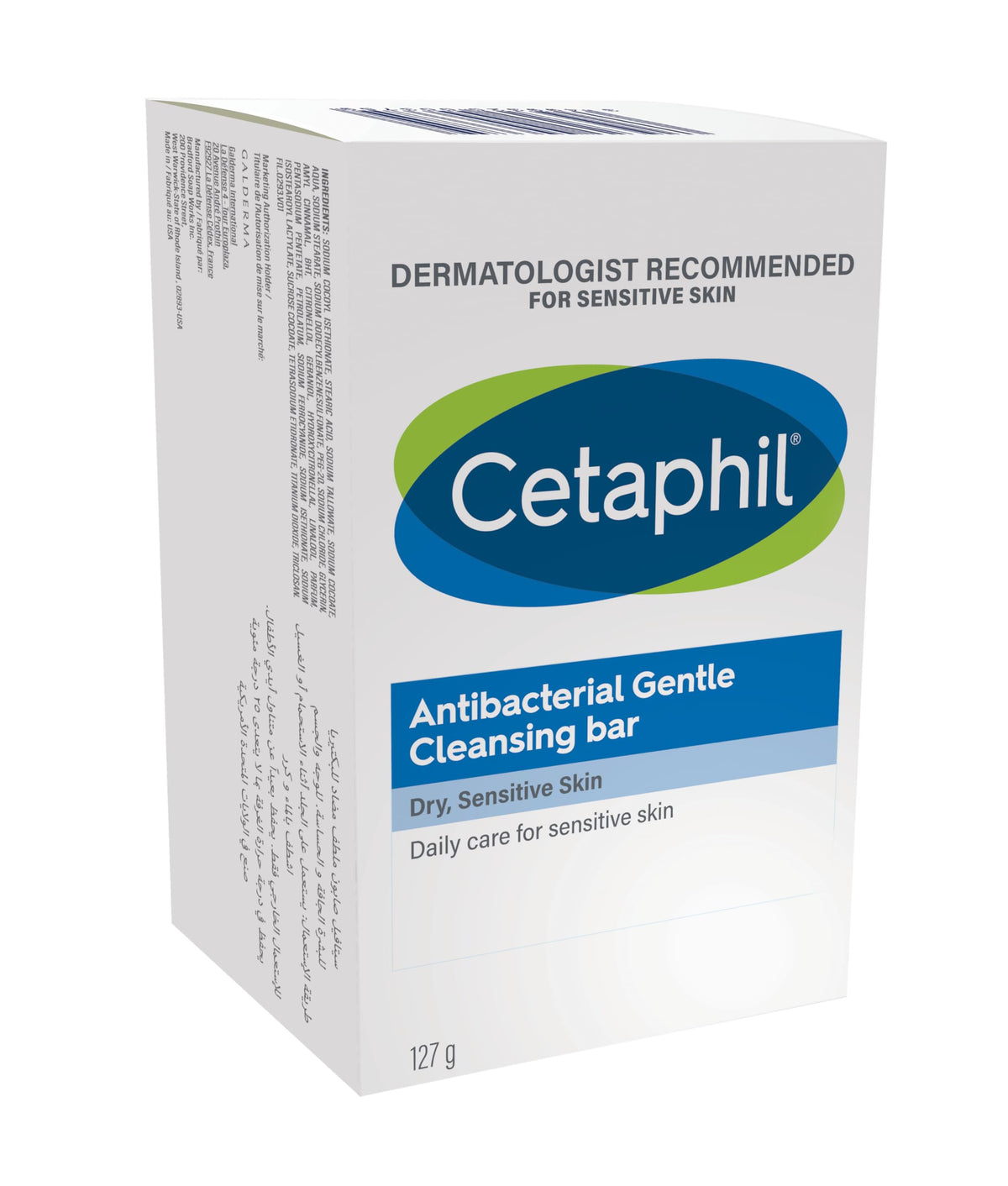 Cetaphil Antibacterial Gentle Cleansing Bar, Daily Face & Body Wash for Men & Women, Dry and Sensitive Skin, Unscented, 127g