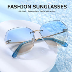 AEVOGUE Oversized Rimless Diamond Cutting Sunglasses for Women (AE0534) - Blue/Brown