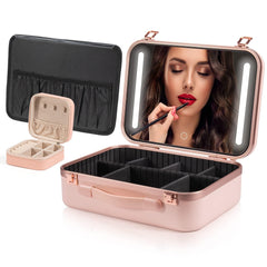 NALACAL Makeup Travel Lighted Case with Large LED Light Mirror Bag Organizer Professional Adjustable Divider Storage Waterproof Portable Makeup Train Box Accessories and Tools Case