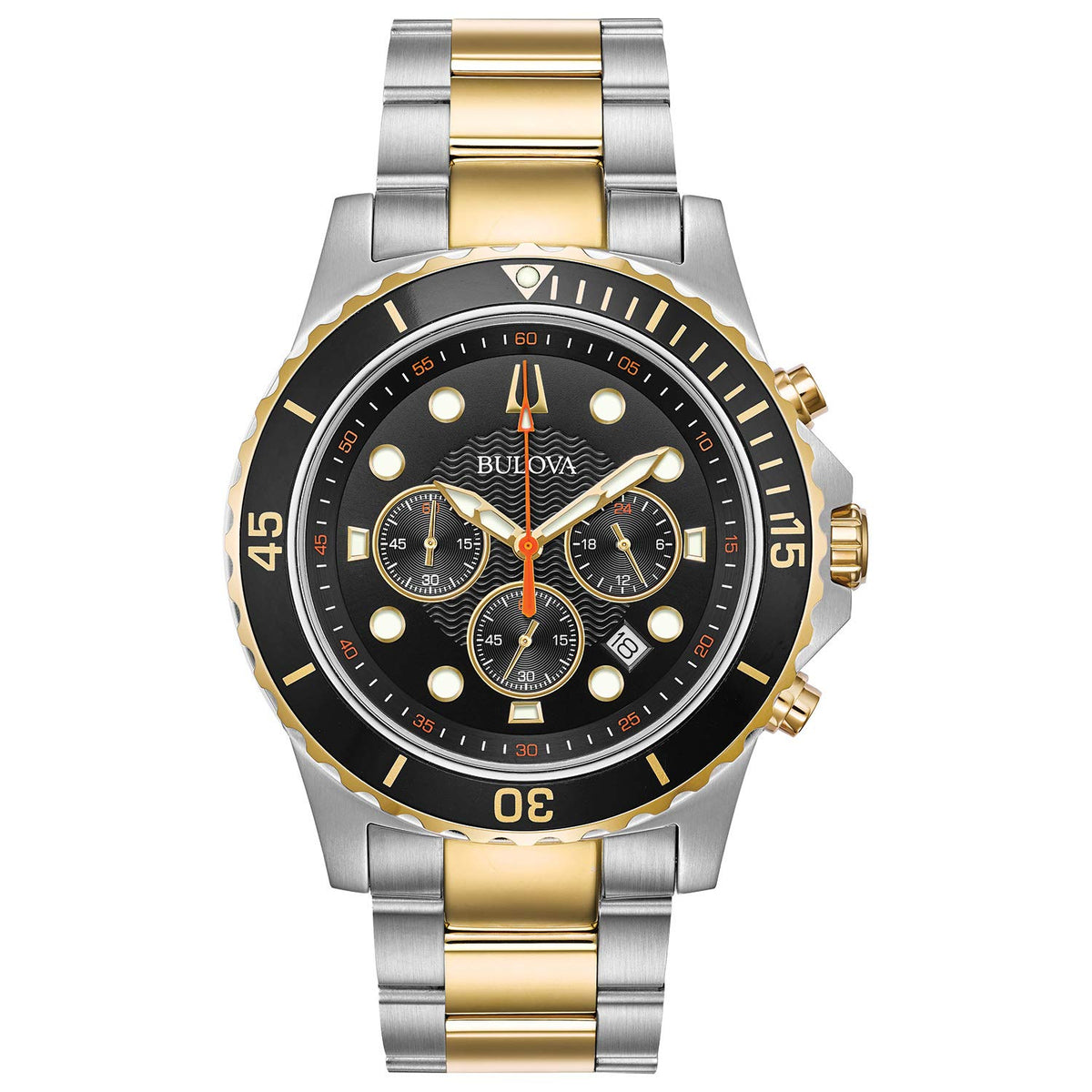 Bulova Men's Classic Sport 6-Hand Chronograph Quartz Watch, Calendar Date, Luminous Hands and Markers, 100M Water Resistant, 44mm - Two Tone Gold/ Black Dial