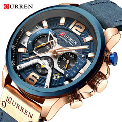CURREN Men's Leather Strap Watches Classic Casual Dress Stainless Steel Waterproof Chronograph Date Analog Quartz Watch - Blue