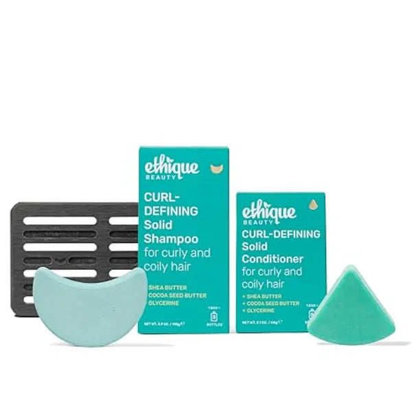Ethique Beauty Curl Defining Shampoo & Conditioner Bar + Storage Tray Set for Thick, Curly Hair with Shea Butter Plastic Free