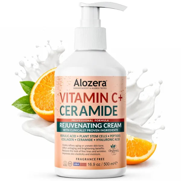 Alozera Vitamin C Ceramide Moisturizer Cream, Rejuvenating Face & Body Lotion with Plant Stem Cell, Helps Brighten and Even Skin Tone, Non-Greasy, Lightweight, Fragrance-Free, 16.9 oz