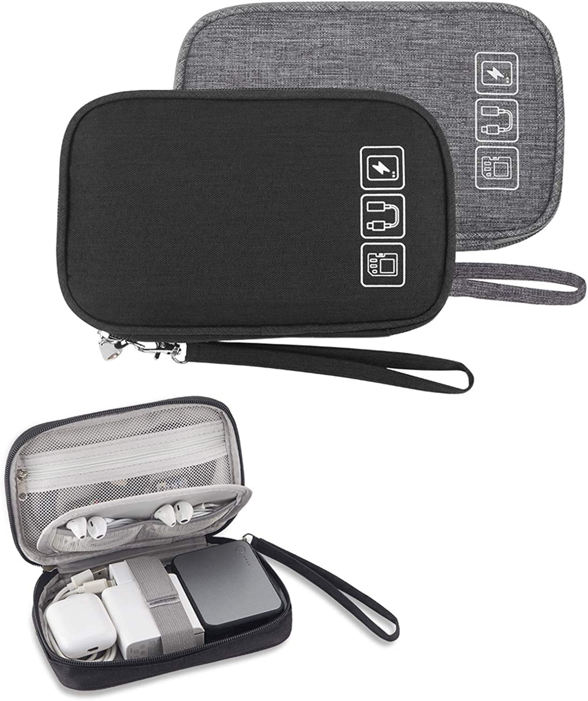 KIENAI 2 Pack Small Travel Cable Organizer, Portable Phone Accessory Organizer, All-In-One Soft Carrying Case for Hard Drive, Power Cord, Charger, Headphones, USB, SD Card (Black+Grey)
