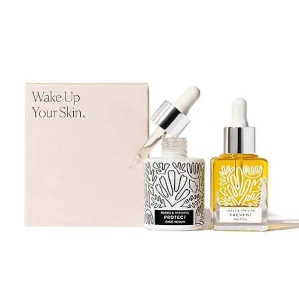 Naked & Thriving Limited Edition Day Set Protect Antioxidant Day Serum (30 mL) + Prevent Anti Aging Face Oil (35 mL) with Hyaluronic Acid, Moringa and Rosehip Oil 65 mL/2.18 fl oz (Set of 2)