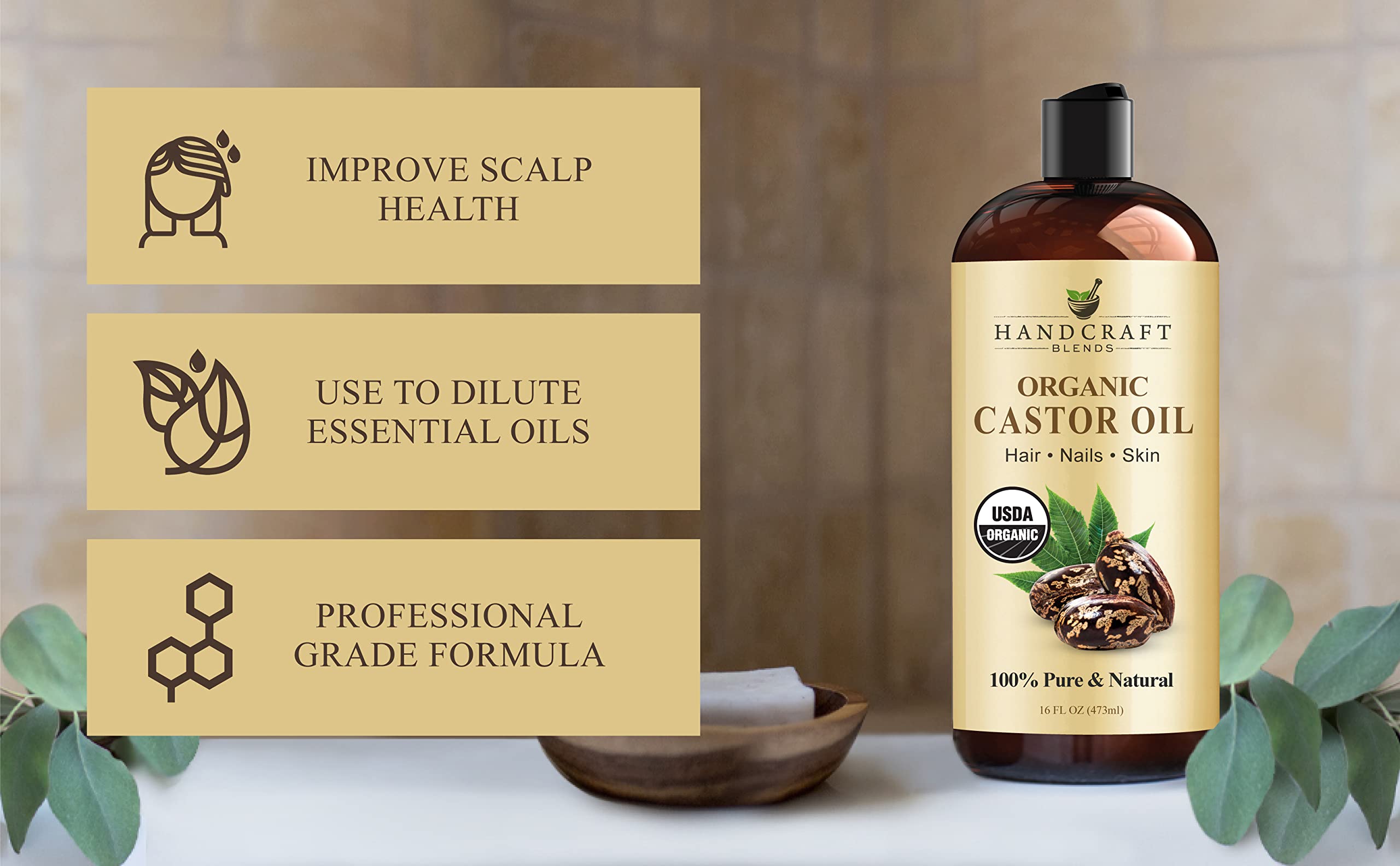 Handcraft Blends Organic Castor Oil - 16 Fl Oz - 100% Pure and Natural - Premium Grade Oil for Hair Growth, Eyelashes and Eyebrows - Carrier Oil - Hair & Body Oil - Expeller-Pressed