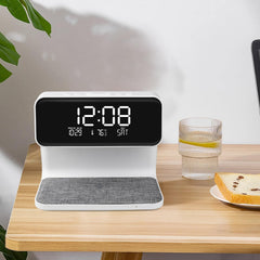 NALACAL Wireless Charging Alarm Clock 15W Max for Heavy Sleepers Digital Clock with Date and Temperature Night Light Desk Clock with Phone Charger Electronic LED Display for Office Bedroom Livingroom