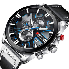 CURREN Mens Water Resistant Sport Chronograph Watches Military Multifunction Leather Quartz Wrist Watches (Silver Black)