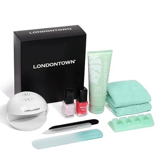 LONDONTOWN Pedi Prep & Polish Set - 8-Piece Pedicure Foot Care Kit with Nail Tools, Glass Foot File, and lakur Nail Polish, .40fl oz