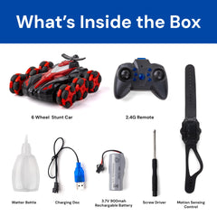 RC Car Toys, 6WD Remote Control Stunt Car, All-Terrain RC Car with 360° Swing-Arm, LED Lights, Music, Smoke Effects, 900 mAh Battery, Dual 2.4 Ghz & Motion-Sense Control - Toys for Kids (RED)