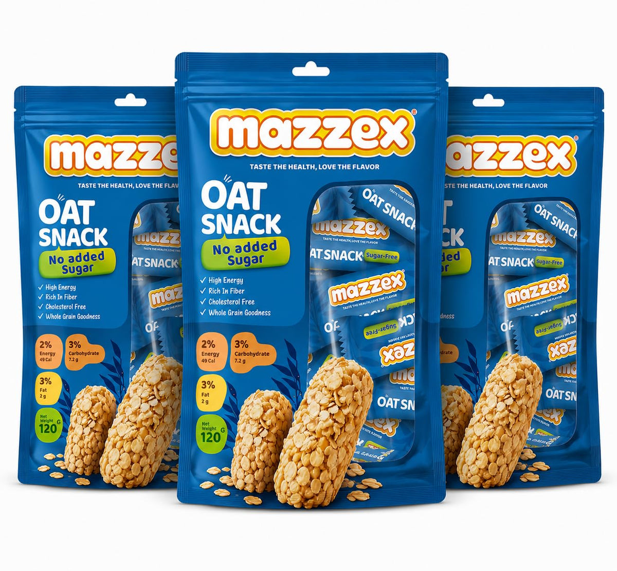 Mazzex Oat Snack Bars, No Added Sugar, High Energy, Rich in Fibre, Cholesterol Free, Whole Grain, 120g, Pack of 3