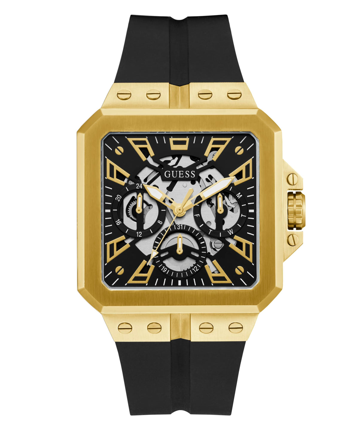 GUESS Men's 42mm Watch - Black Strap Black Dial Gold Tone Case