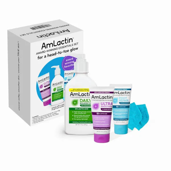 AmLactin Award-Winning Essentials Skin Care Set - Daily Nourish 12% Lotion, Ultra Smoothing Cream, Foot Repair Cream & Moisturizing Socks - Lactic Acid Moisturizer Gift Set