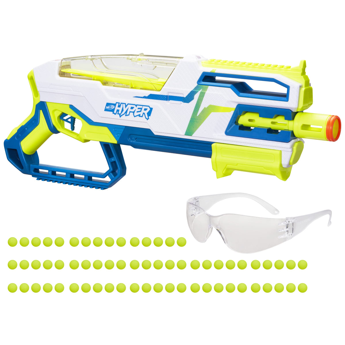 Nerf Hyper Bundle, Siege-50 Pump-Action Blaster, 65 Rounds, Up to 110 FPS Velocity, Eyewear (Amazon Exclusive)