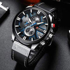CURREN Mens Water Resistant Sport Chronograph Watches Military Multifunction Leather Quartz Wrist Watches (Silver Black)