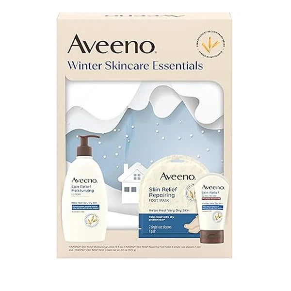 Aveeno Winter Skincare Essential Gift Set with Skin Relief Moisturizing Lotion, Skin Relief Repairing Foot Mask, & Skin Relief Hand Cream for Nourishing Dry Winter Skin Care, 3 items