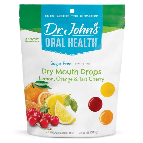 Dr. John's Healthy Sweets Dry Mouth Drops Lemon, Orange, & Tart Cherry with Zero Sugar, Dye Free, Plant Based, Keto Friendly, 24 Count, 3.85oz Bag