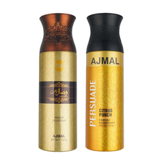 Ajmal Wisal Dhahab for Men and Persuade for Men & Women Deodorants each 200ML Combo pack of 2 (Total 400ML) + 2 Parfum Testers