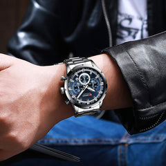 CURREN Herren-Armbanduhr Sport Quarz Chronograph Armbanduhr mit Leuchtzeigern Mode Edelstahl Uhr Datum - silver blue