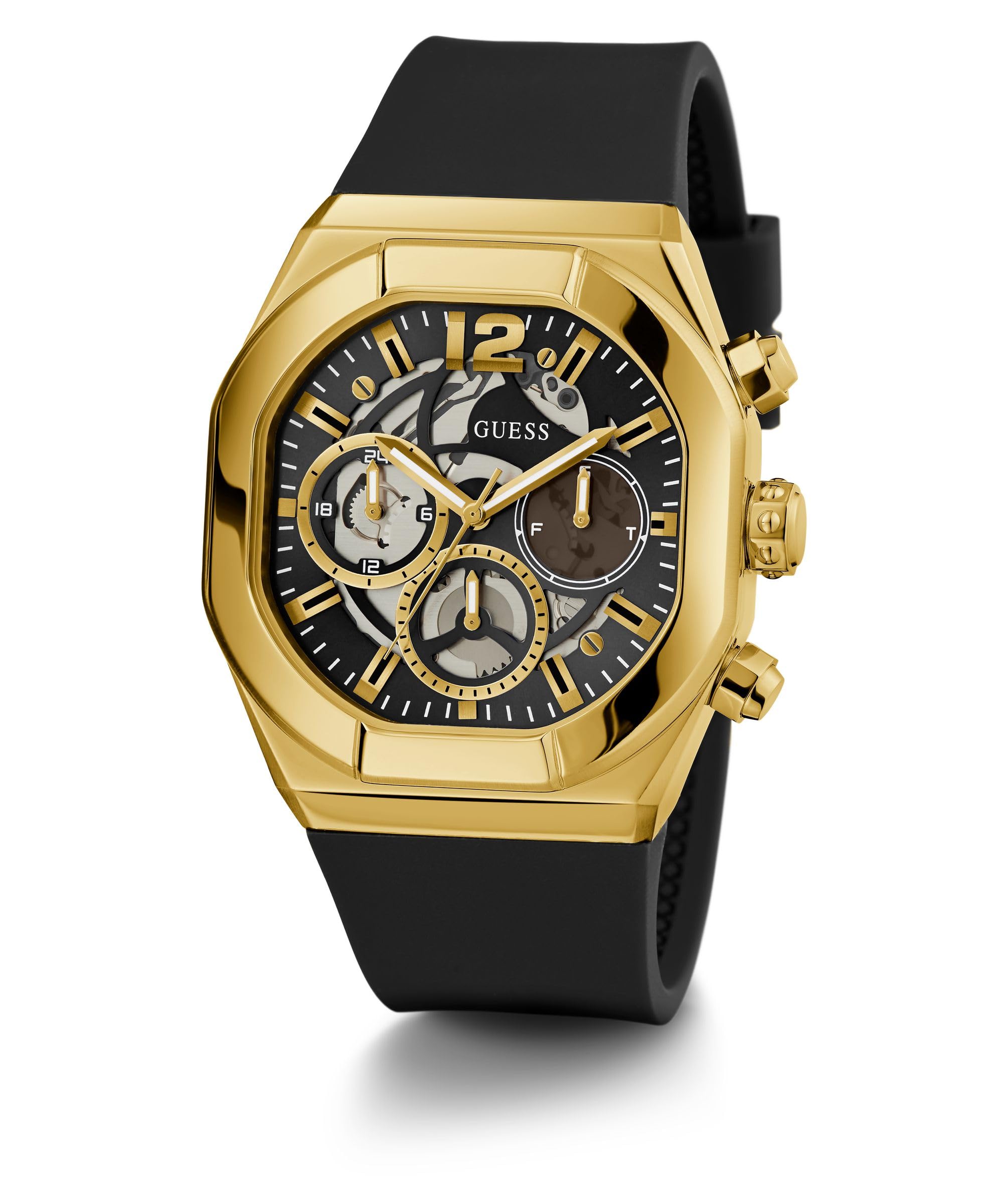 GUESS Men's 42mm Watch - Black Strap Black Dial Gold-Tone Case