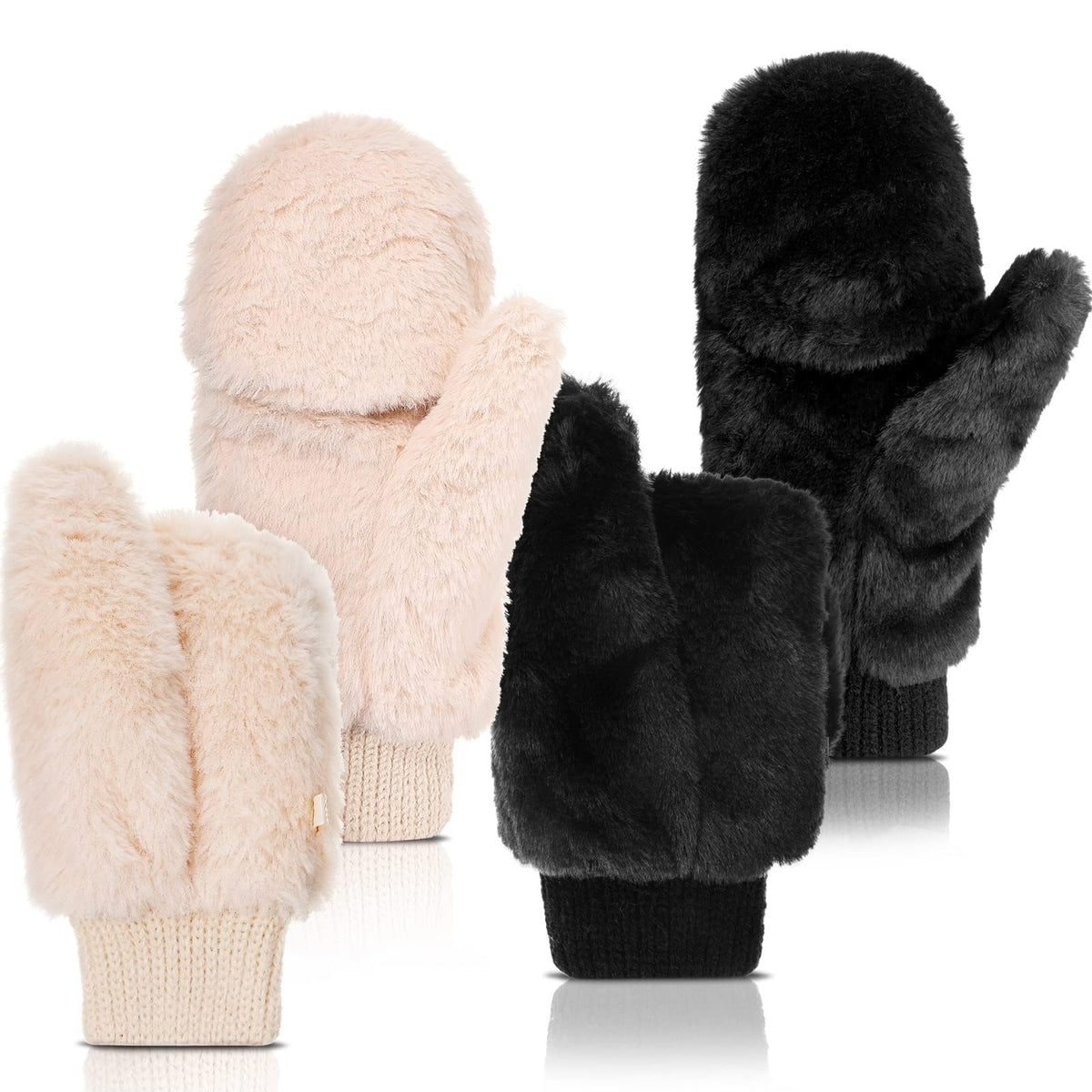 Faux Fur Mittens Fingerless Gloves Winter Warm, Soft Half Finger Fuzzy Lined Wool Mittens, Knitted Clamshell Gloves, Convertible Flips for Women Girl, Finger flexibility (2 Pair)