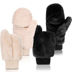 Faux Fur Mittens Fingerless Gloves Winter Warm, Soft Half Finger Fuzzy Lined Wool Mittens, Knitted Clamshell Gloves, Convertible Flips for Women Girl, Finger flexibility (2 Pair)