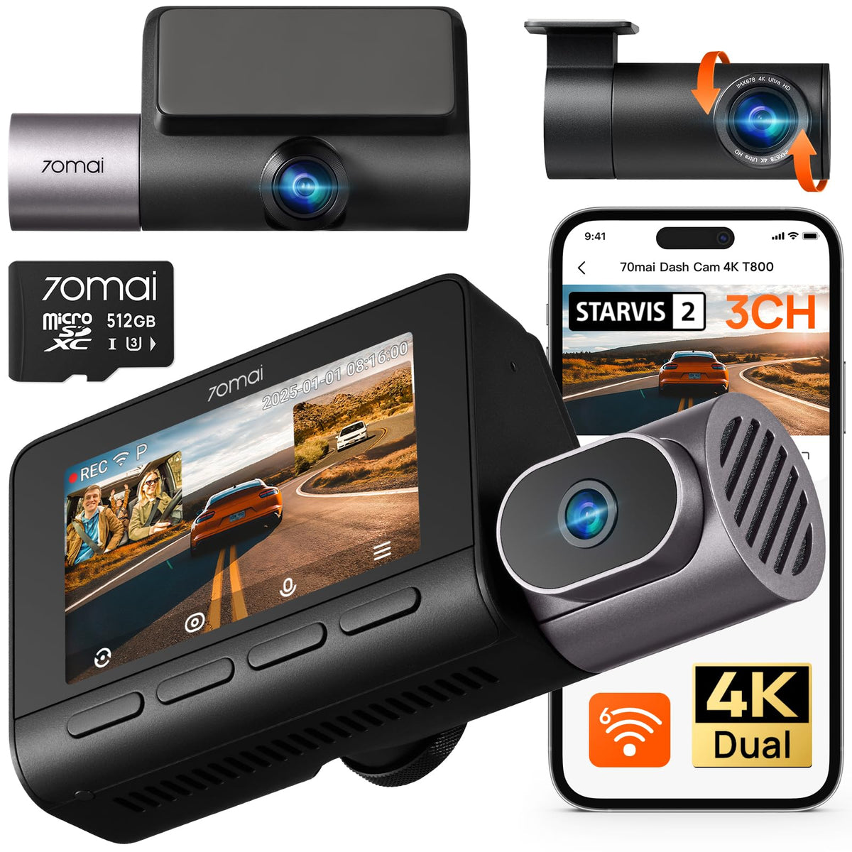 70MP A11 4K T800 Dash Cam with 3 Channels (Front & Rear) (2160P+2160P+1080P), Starface 2 IMX678, HDR Night Vision, Car Dash Cam with 512GB Card, Wi-Fi 6, 4G LTE, ADAS, 24-Hour Parking Mode