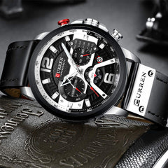 CURREN Men's 3 Dials Chronograph Quartz Watches with Leather Bracelet - Black