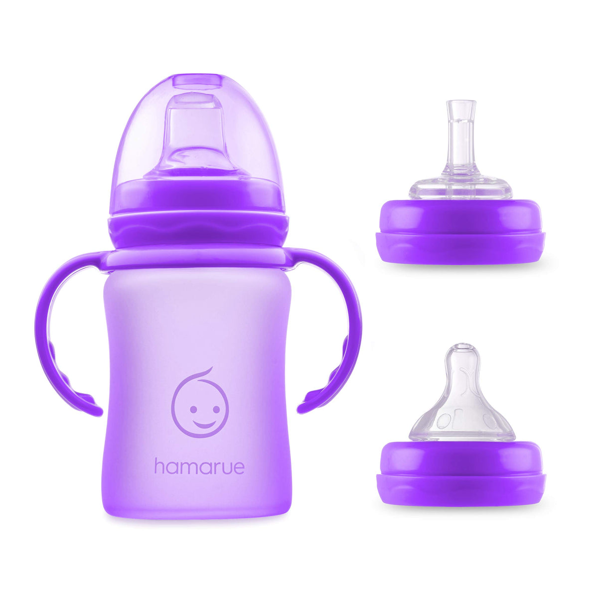 Hamarue 3-in-1 Glass Sippy Cups for Toddlers | Silicone Coated Glass Baby Bottles | Non-Toxic Transition Cup for Baby with Removeable Handles | Baby Straw Cup NB+, 3M, 6M, 12M