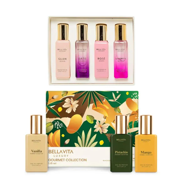 BellaVita Luxury Sprinkle Me Pretty| Gourmet Collection (Vanilla, Mango, Pistachio) + French Collection (Date, Senorita, Glam, Rose) | Sweet, Floral & Spicy Scents | Long-Lasting EDP