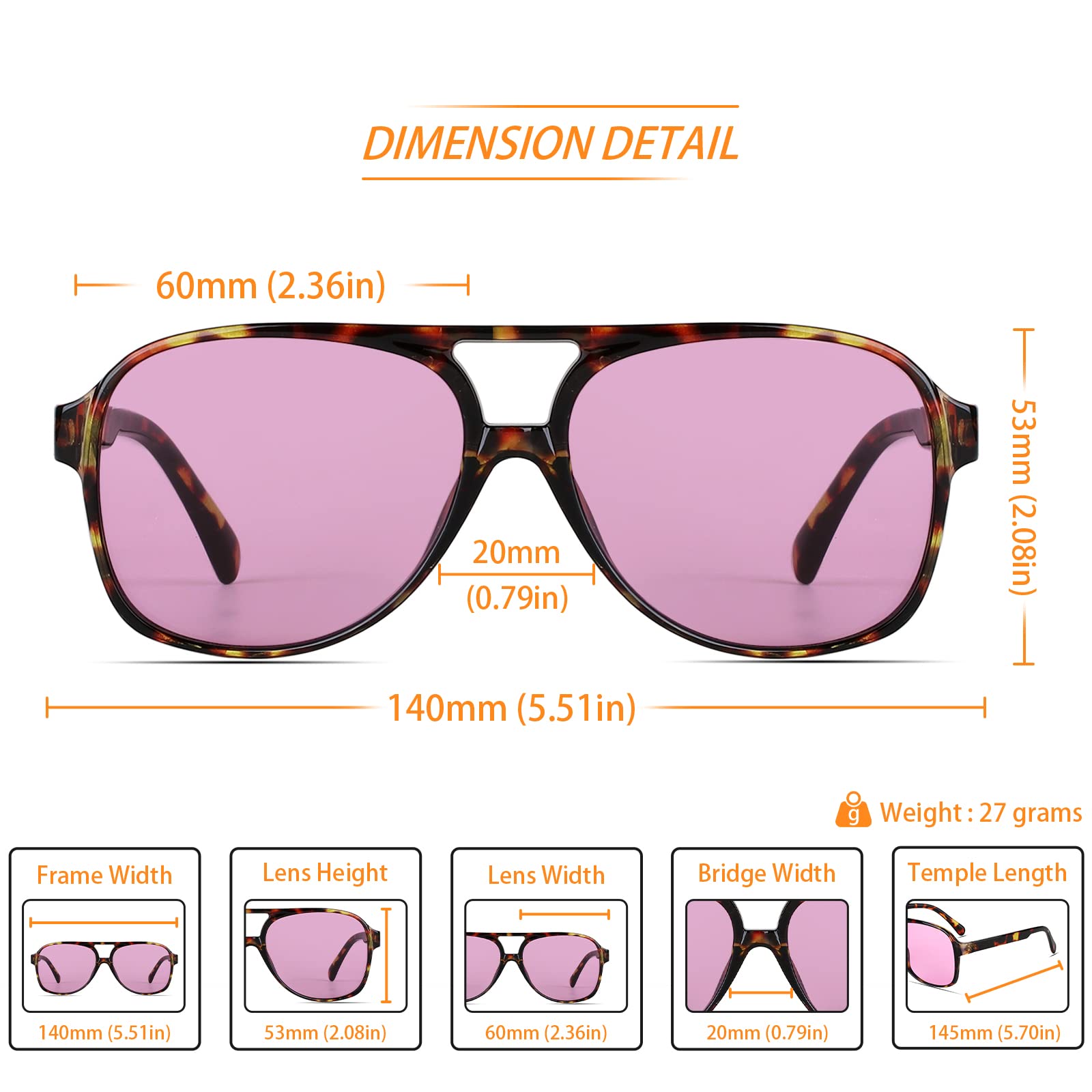 Freckles Mark Vintage Retro 70s Sunglasses for Women Men Classic Large Squared Aviator Frame UV400 Trendy Orange Glasses