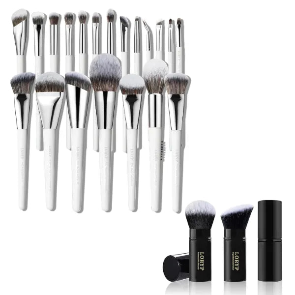 LORYP 2 Retractable Kabuki Brushes & 20-Piece White Vegan Luxury Brush Set Bundle
