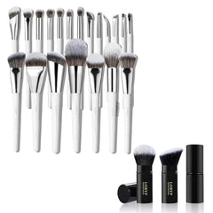 LORYP 2 Retractable Kabuki Brushes & 20-Piece White Vegan Luxury Brush Set Bundle