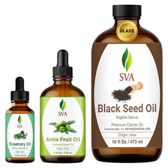 SVA ORGANICS Black Seed Oil 16 oz, Amla Oil 4 oz, and Rosemary Essential Oil 1 oz Bundle Super Saver Combo – Premium Grade Value Set for Hair Oiling, Scalp Massage, Hair Care, Skin Care and Body Massage