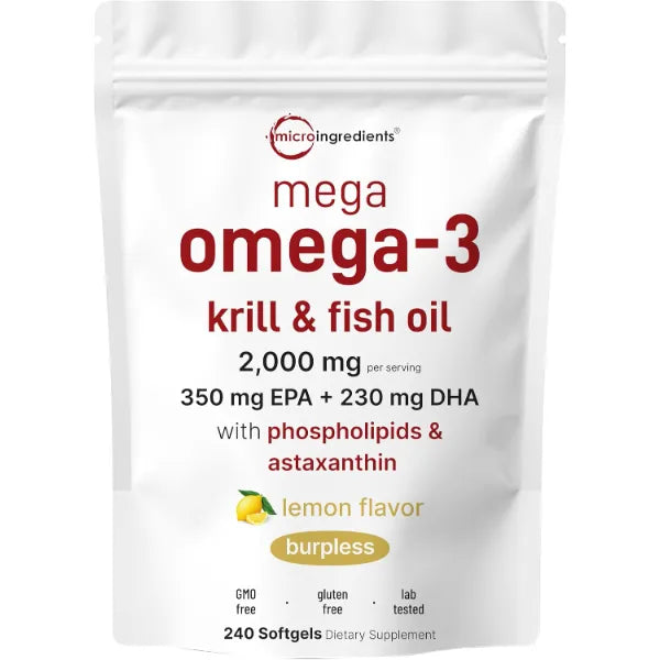 Micro Ingredients Mega Omega-3 Krill & Fish Oil 2,000mg Equivalent, 240 Softgels | Lemon Flavored | Burpless | Essential Fatty Acids & Astaxanthin | EPA 350mg + DHA 230mg | Heart & Brain Supplement