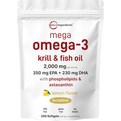 Micro Ingredients Mega Omega-3 Krill & Fish Oil 2,000mg Equivalent, 240 Softgels | Lemon Flavored | Burpless | Essential Fatty Acids & Astaxanthin | EPA 350mg + DHA 230mg | Heart & Brain Supplement