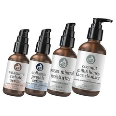 Foxbrim Naturals Radiant Skincare Set Vitamin C Face Serum, Peptide Collagen Serum, Ocean Mineral Moisturizer & Milk & Honey Cleanser