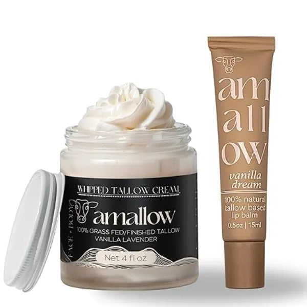 Amallow 100% Grass Fed Beef Tallow Skincare & Lip Balm Set Whipped Moisturizer for Face & Body Vanilla Lavender + All Natural Tallow Lip Balm Vanilla Dream