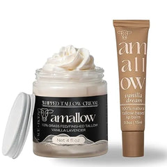 Amallow 100% Grass Fed Beef Tallow Skincare & Lip Balm Set Whipped Moisturizer for Face & Body Vanilla Lavender + All Natural Tallow Lip Balm Vanilla Dream