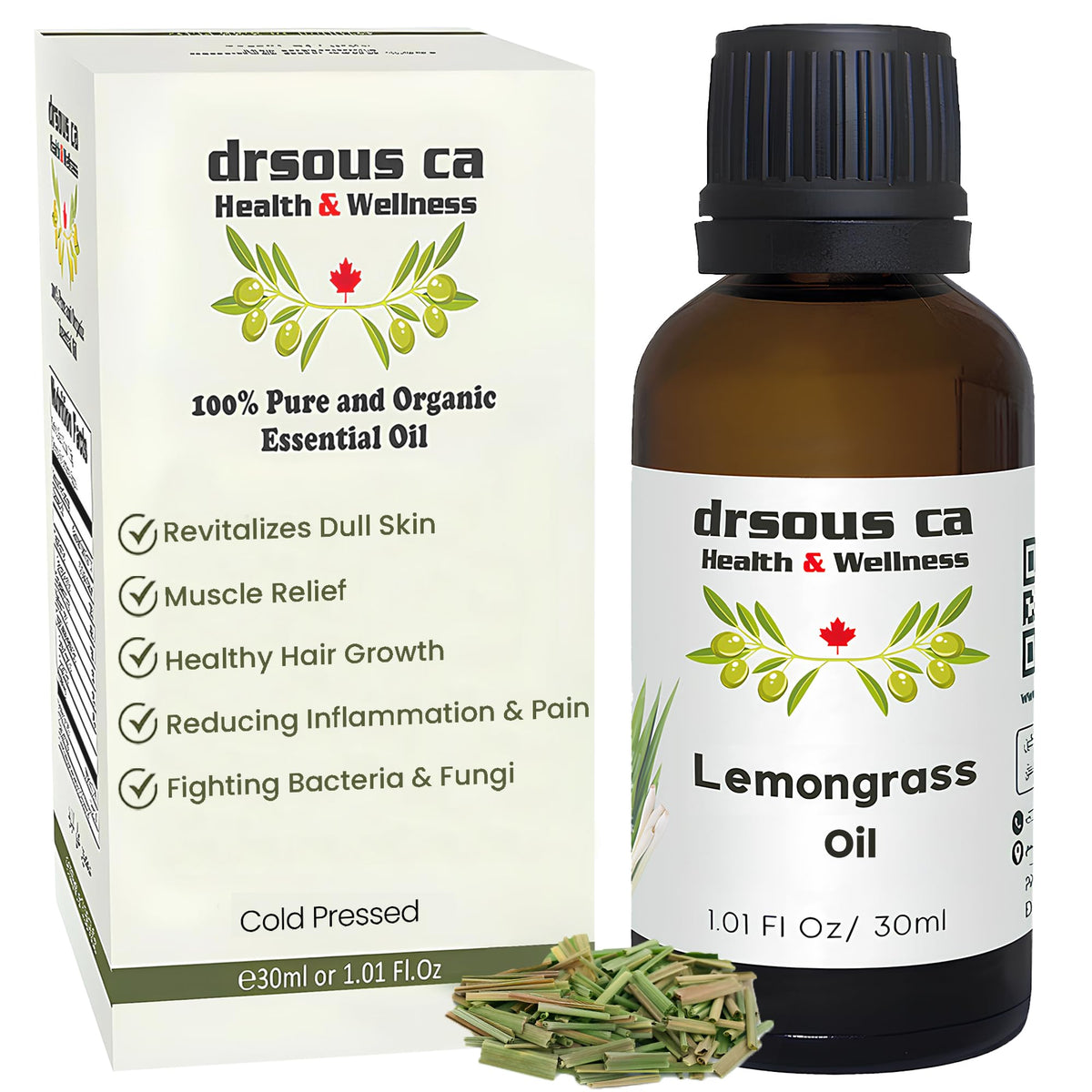 Drsous Ca Organic Lemongrass Essential Oil 30ml | 100% Cold Pressed Pure and Natural Lemongrass Oils for Diffuser, Stress Relief, Skin care and Hair care | Made in Palestine