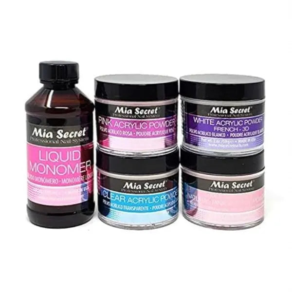 Mia Secret 4 oz LIQUID MONOMER + Acrylic Powders Set Pink 2 oz, Clear 2 oz, 3D White 2 oz & Multibalance Pink 2 oz