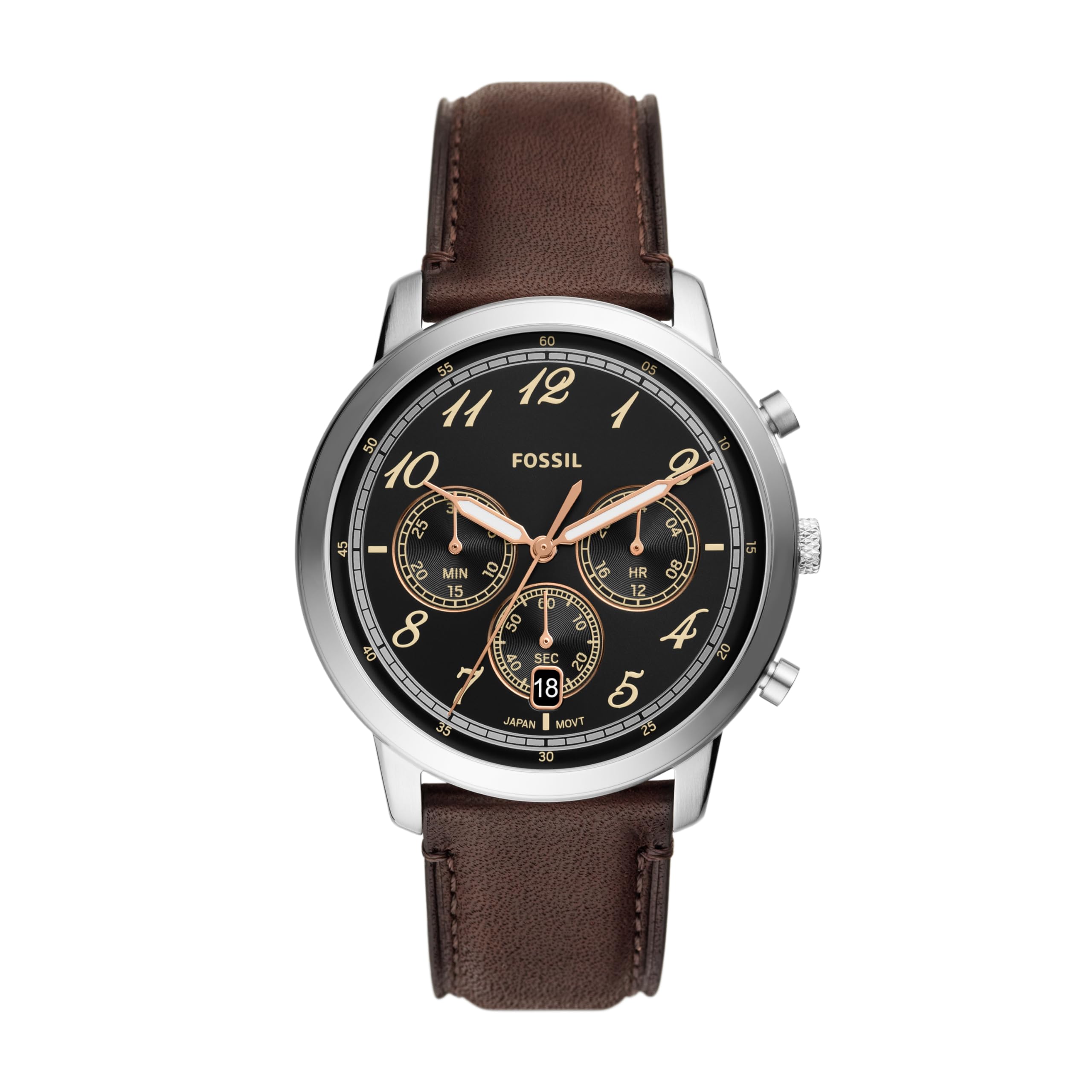 Fossil Men's Neutra Arabic Chronograph Stainless Steel Watch, Color: Silver/Brown/Black Arabic (Model: FS6024)